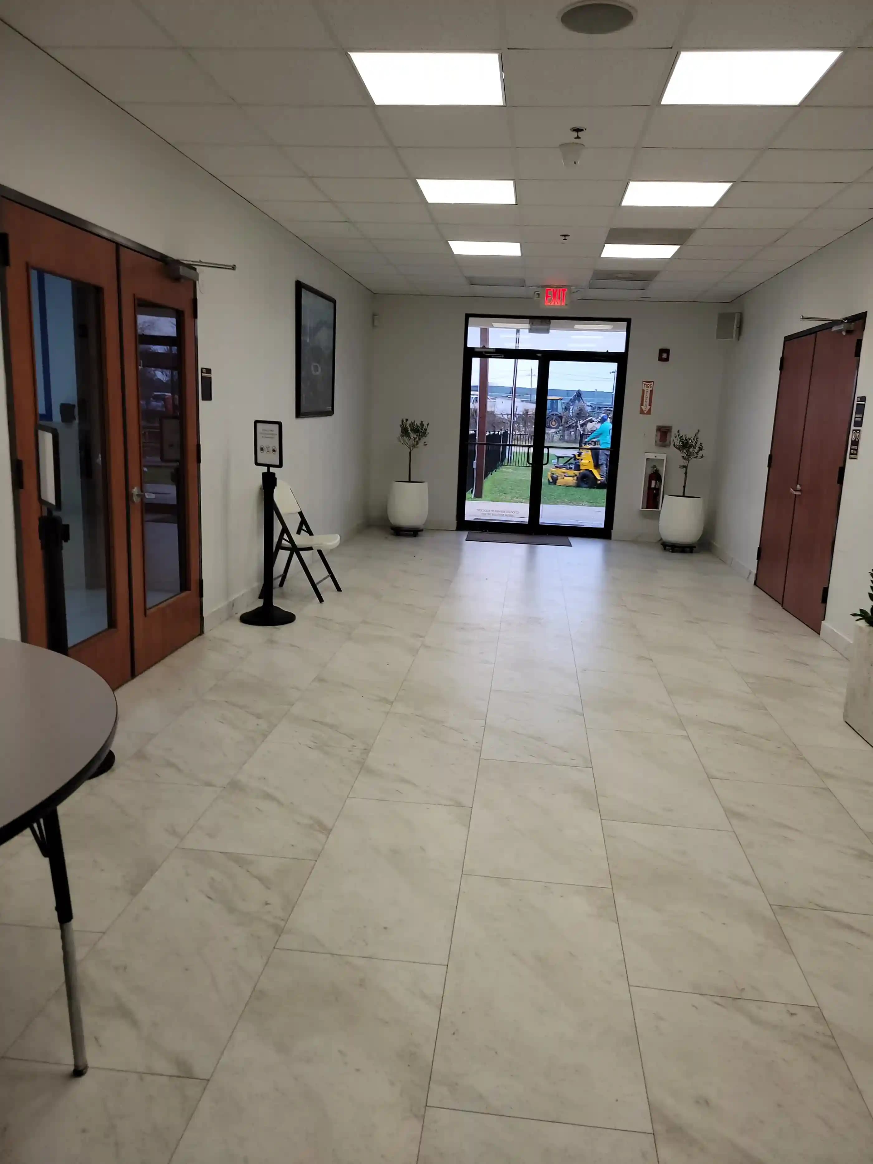 Wooden stairs with tiled floor